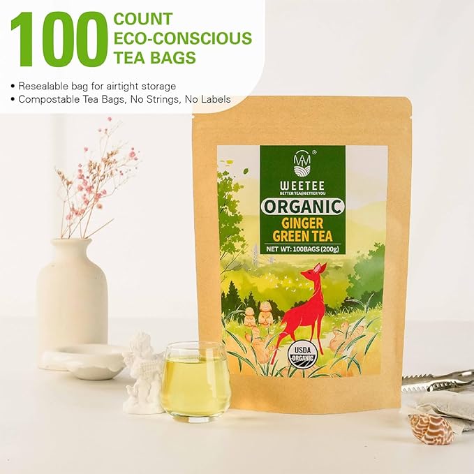 WT WEETEE Organic Ginger Green Tea Bags, Made of Green Tea with Ginger Roots, 100 Warm & Refreshing Low Caffeine Herbal Tea Bags