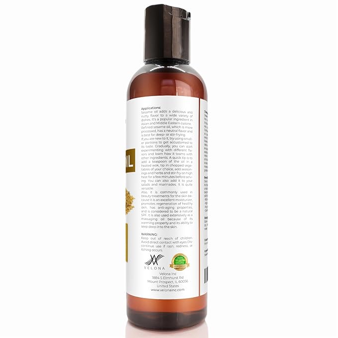 velona Sesame Seed Oil 4 fl oz | 100% Pure and Natural Carrier Oil | Refined, Expeller Pressed | Cooking, Skin, Hair, Body & Face Moisturizing | Use Today - Enjoy Results