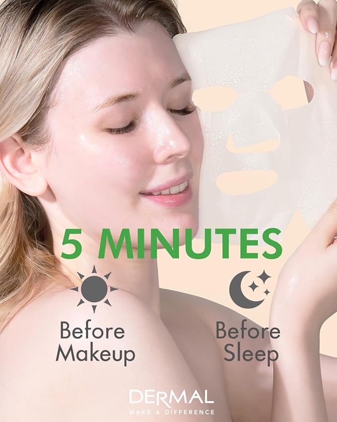 DERMAL Herb Collagen Essence Facial Mask Sheet 23g Pack of 10 - Skin Clear and Purifying, Pore Tightening, Calming for Oily Skin, Daily Skin Treatment Solution Sheet Mask