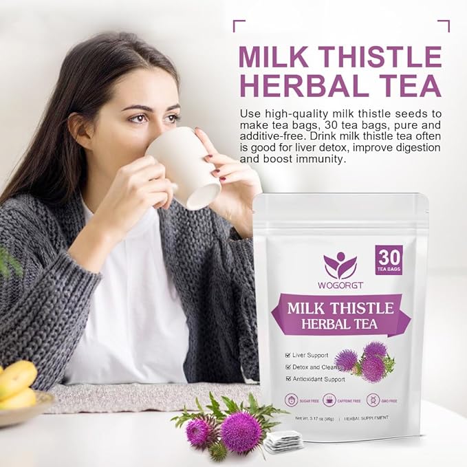 WOGORGT Dried Milk Thistle Tea - Organic Milk Thistle Herbal Tea for Liver Cleanse, Antioxidant and Immune Support, Caffeine Free - 30 Tea Bags