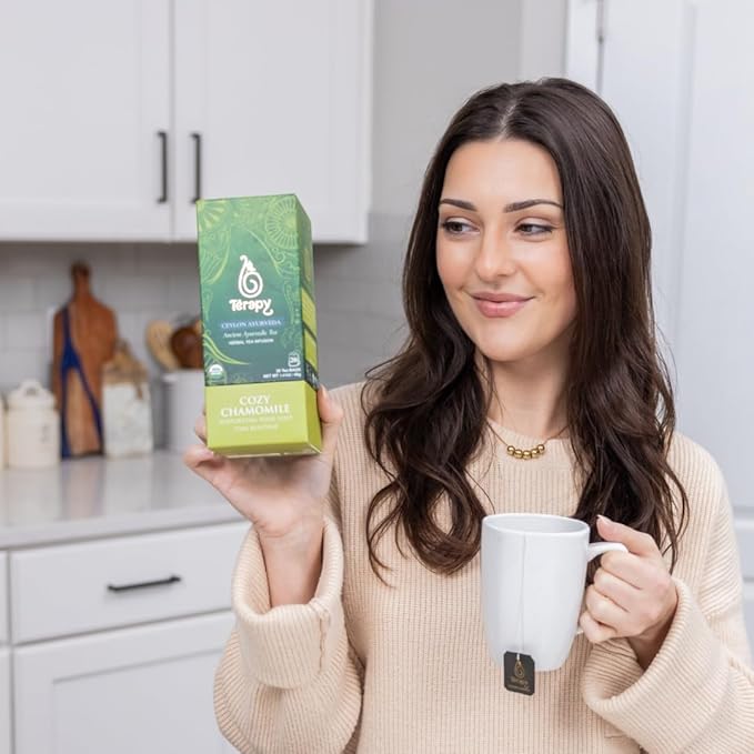 Térapy Ceylon CHAMOMILE TEA | USDA Organic Herbal Tea Bags | 100% Natural Ayurvedic Ingredients including Organic Chamomile, Ashwagandha, Cinnamon & Licorice| 20 Individually Wrapped Tea Bags