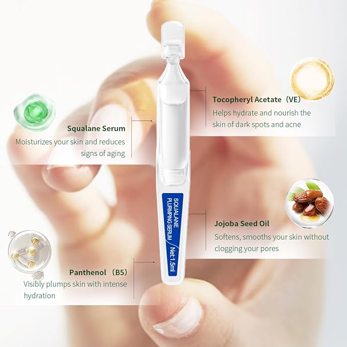 Squalane Serum for Face # 15 Pcs/Box, with Vitamin E, Vitamin B5 and Vitamin A derivative, Moisturizing Serum Soft Ampoules to Smooth Dry and Sensitive Skin