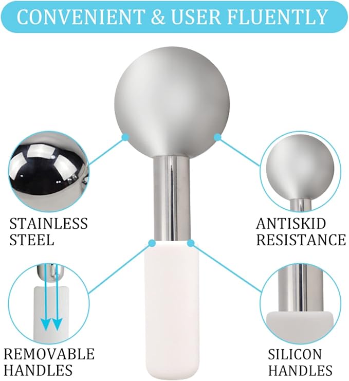 Facial Ice Globes and Roller, Cooling Massager for Face, Eyes and Neck, Cryotherapy Treatment for Puffiness, Dark Circles and Wrinkles (Silver)