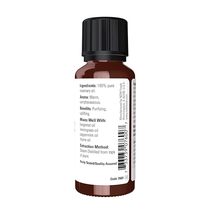 NOW Essential Oils, Rosemary Oil, Purifying Aromatherapy Scent, Steam Distilled, 100% Pure, Vegan, Child Resistant Cap, 1-Ounce