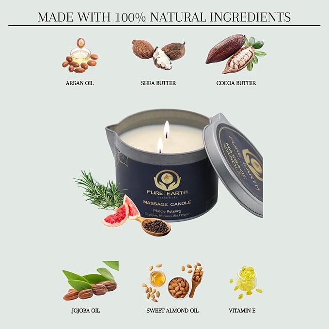 Muscle Relaxing Massage Oil Candle - Valentines Gift, Scented Massage Oil Candles for Relaxation and Home Spa (160 Grams or 6 oz.) - with Grapefruit, Rosemary, Black Pepper - by PURE EARTH essentials