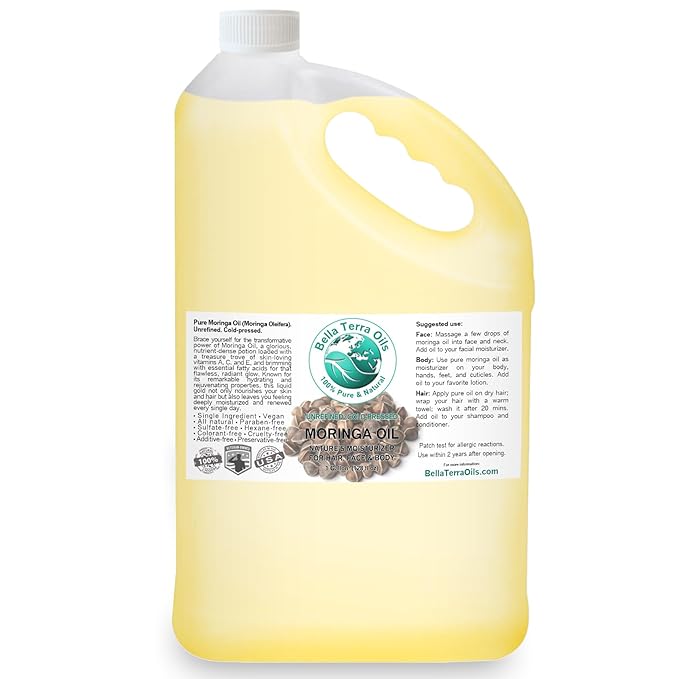 Bella Terra Oils Premium Moringa Oil for Lustrous Hair and Smooth Skin – 1 gallon, Nourishing, Hydrating, Non-Greasy, Quickly Absorbed