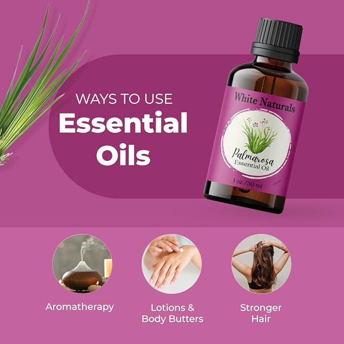 White Naturals Palmarosa Essential Oil – 100% Pure & Natural Palmarosa Oil, Floral & Fresh Aroma, Ideal for Aromatherapy, Skin Care & DIY Beauty, 1oz