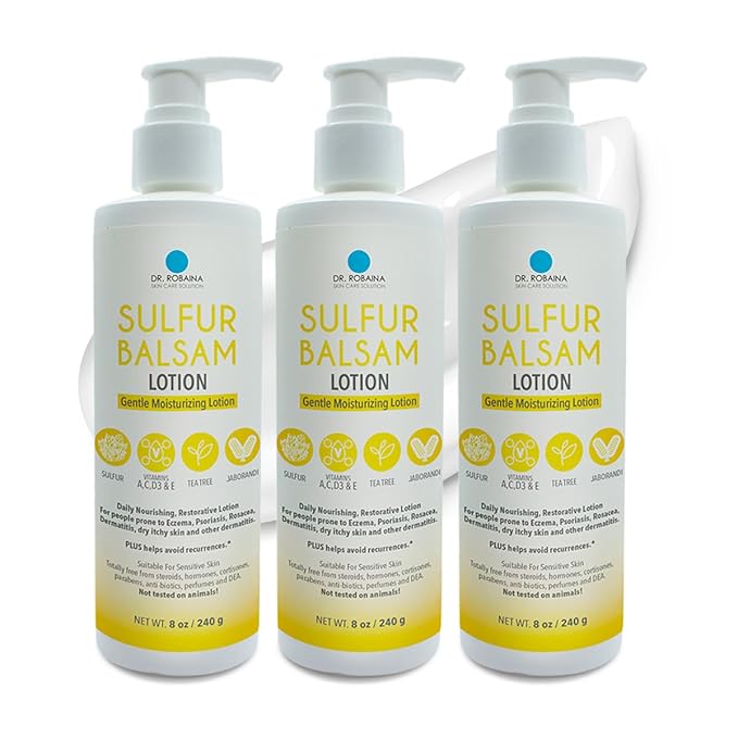 Dr. Robaina Sulfur Balsam Lotion – Daily Moisturizing Lotion for Eczema and Psoriasis Relief – Soothes Redness, Hydrates Sensitive Skin – Natural Ingredients – Made in the USA (Pack of 3)