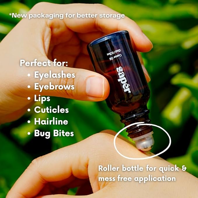 Castor Oil Roller Glass Bottle for Eyebrow, Eyelashes, Skin, Lips - Certified Organic 100% Pure Castor Oil, Cold Pressed, Hexane Free, Unrefined - Vegan, Mess Free Roll On Application, Single-Origin