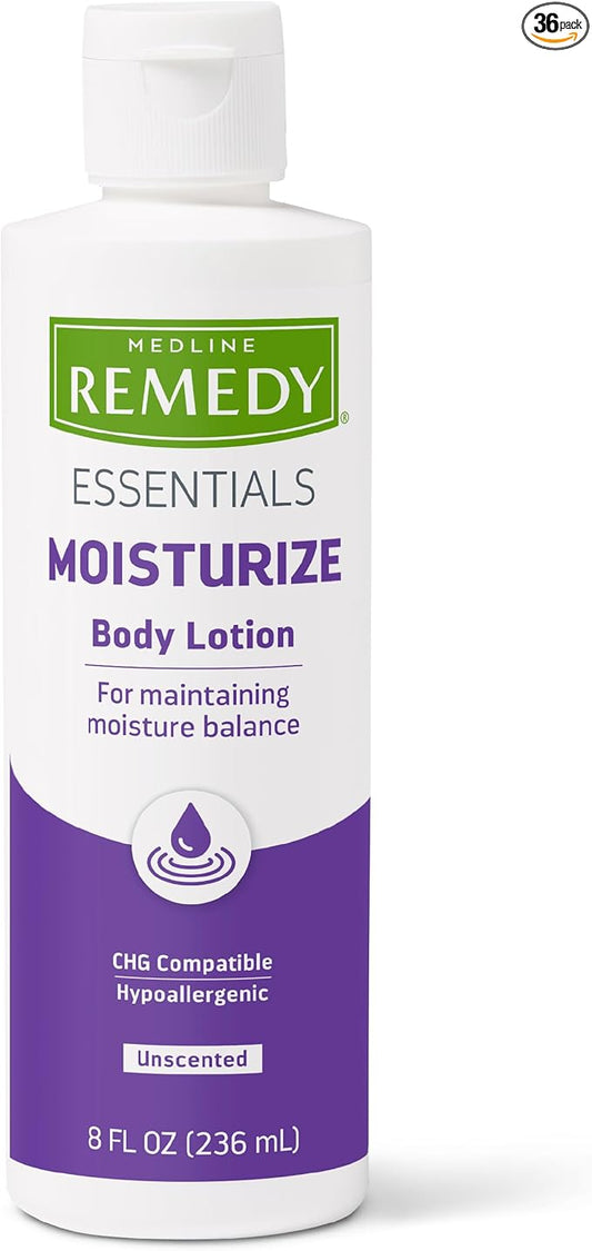 Medline Remedy Essential Moisturizing Body Lotion (8 oz Bottle), 36 Count, Unscented, Hydrating, Soothing For Dry Skin, Smooths & Softens, Non-Greasy, Hypoallergenic, Men, Women, Elderly