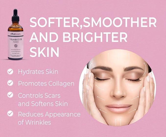 Elhabeauty Vitamin E Oil 70,000 IU, Face & Body Moisturizer, with Rosehip, Jojoba, Almond and Avocado Oils, for a firm and healthy Skin, 3.88 fl oz