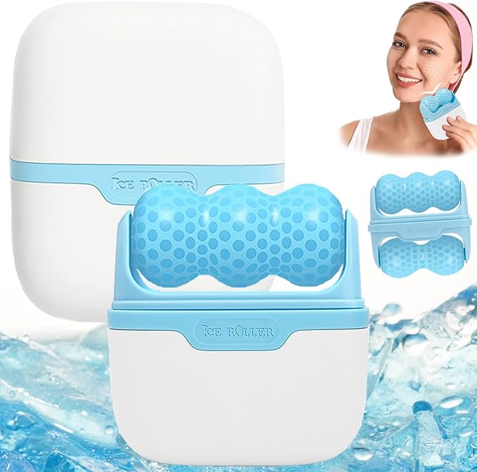 2-in-1 Ice Roller for Face Skin Care Tool Personal Skin Cooling Ice Roller Therapy Tools, Cold Facial Ice Roller Massager for Eye Puffiness, Migraine, TMJ Pain Relief & Minor Injury (Blue)