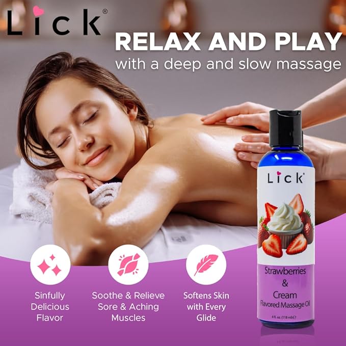 Lick Strawberries and Cream Flavored Massage Oil – Romantic, Body Safe, Non-Greasy Formula, Date Night 4 oz
