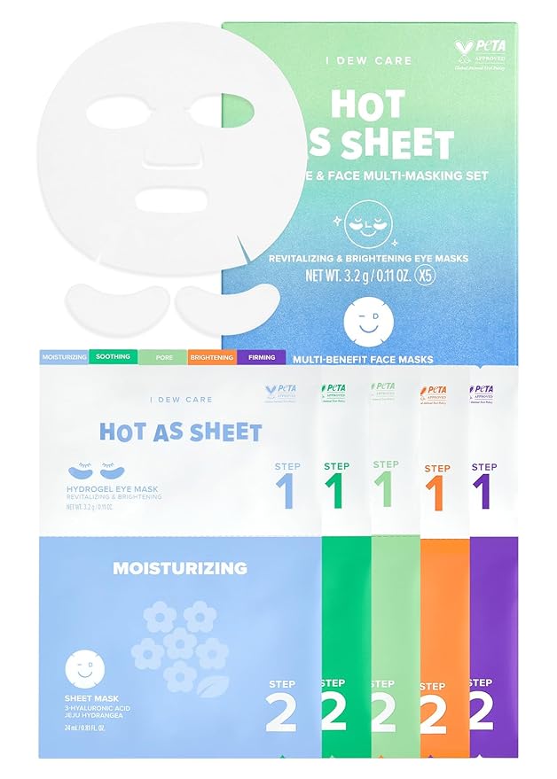 I DEW CARE Sheet Mask Pack - Hot as Sheet 5-Day Eye&Face Multi-masking Set + Face Wash Headband - Pink Tiara Bundle