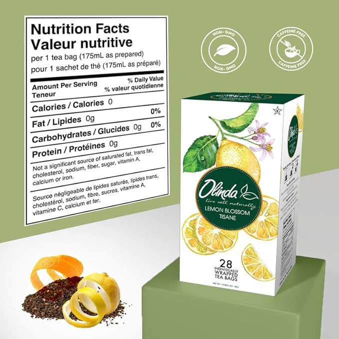 Olinda Herbal Tea Lemon Blossom Tisane Caffeine Free Organic Lemon Tea with Hibiscus Rosehips Orange Peel Lemongrass Natural Tea Bags For Women 28 Tea Bags