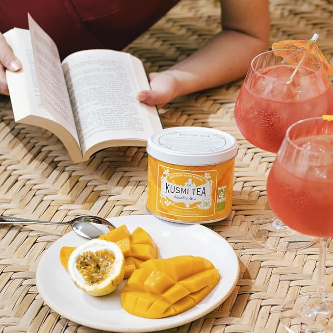 Kusmi Tea - AquaExotica - Organic Blend of Hibiscus, Mango, Dragon Fruit & Apple - Caffeine Free Herbal Tea - Enjoy Hot or Iced - Loose Leaf Tea - Tin Box of 3.5 oz - Quantity for about 50 cups