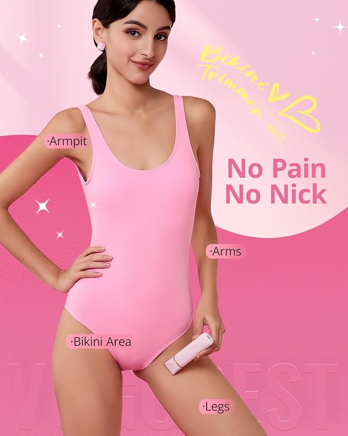 Electric Bikini Trimmer: 2 in1 Body Facial Hair Remover - Painless Pubic Hair Shaver (Pink)
