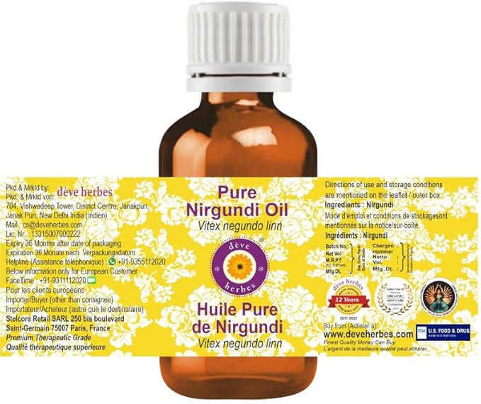 Deve Herbes Pure Nirgundi Oil (Vitex negundo linn) 100% Natural Therapeutic Grade 15ml (0.50 oz)