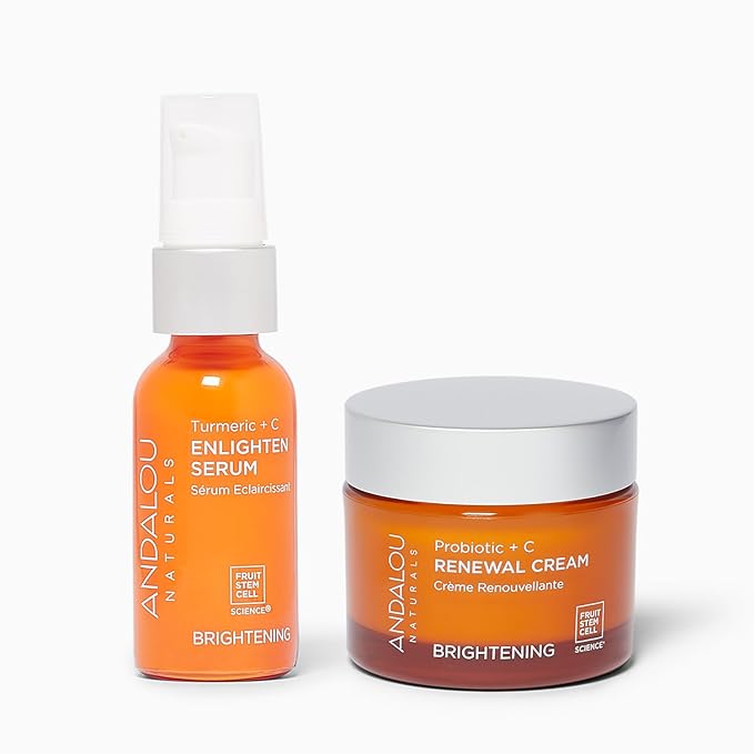 Andalou Naturals Skin Tone and Texture Improving Bundle Probiotic + C Renewal Cream, 1.7 Oz Turmeric + C Enlighten Serum, 1.1 Fl Oz.