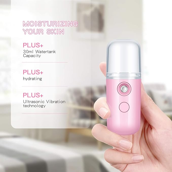 Honoson 2 Pieces Nano Facial Mister 30 ml Mini Face Humidifier Portable Facial Sprayer USB Rechargeable Handy Skin Care Machine for Face Hydrating, Daily Makeup (Pink)