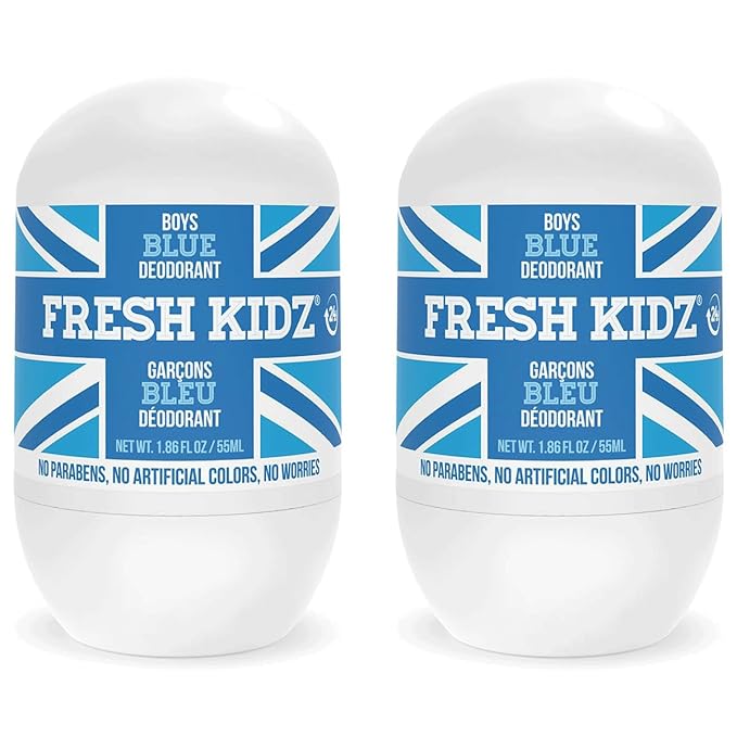 Fresh Kidz Roll On Deodorant for Kids and Teens - Baking Soda and Aluminum-free 24 Hour Protection for Sensitive Skin - Boys "Blue" 1.86 fl.oz. (2 Pack)