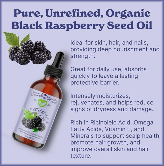 Natural Born Oils Black Raspberry Seed Oil, 16oz, Organic, Cold-Pressed, High in Ellagic Acid, Skin Moisturizer, Hair Health