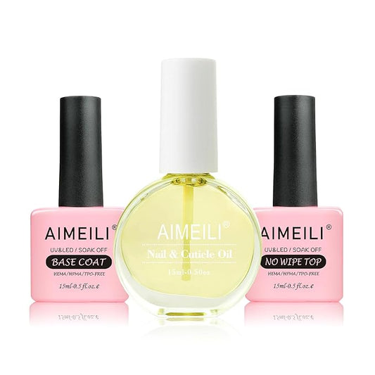 AIMEILI Hema Free No Wipe Top Coat Base Coat & Cuticle Oil Set, Glossy Shine Gel Top Coat Long Lasting DIY Home Gel Nail Lamp Required, Cuticle Oil Care for Nails