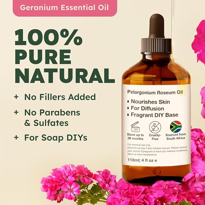 Kukka Rose Geranium Essential Oil for Skin - 4 Fl Oz - 100% Pure Natural Geranium Oil for Diffuser & Aromatherapy - Soap Making Scent & DIY
