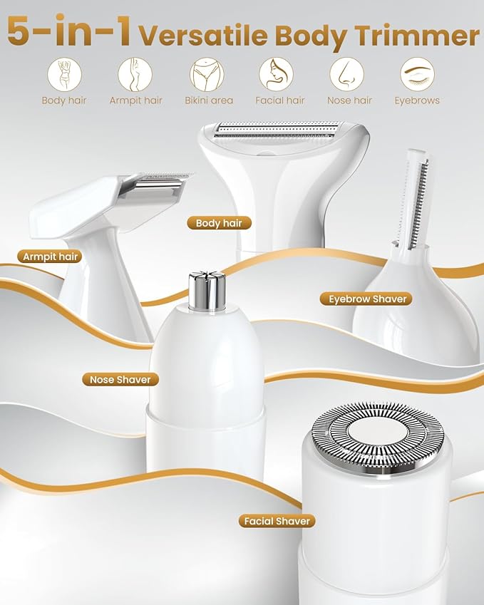 2025 New Bikini Trimmer for Women - 5 in 1 Wet/Dry Electric Razor for Women, Rechargeable Electric Shaver, IPX7 Waterproof Hair Remover for Face Nose Eyebrow Leg Pubic Armpit (White)