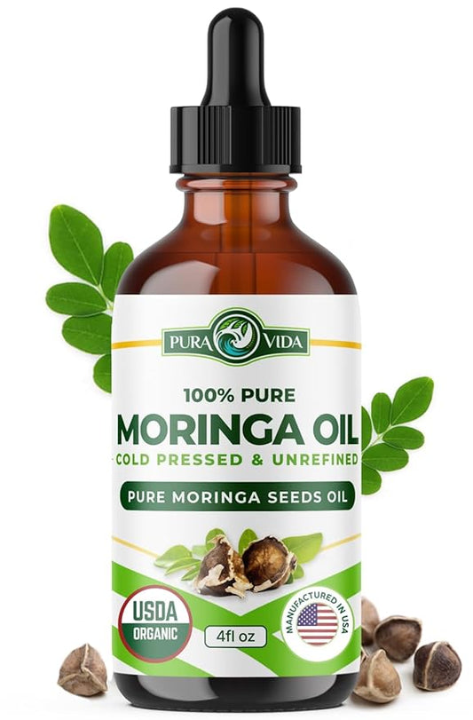 100% Pure Moringa Oil Organic for Face, Hair, Nails and Dry Skin - USDA Certified Single Origin Moringa Oleifera Seeds Extract - 3rd Party Tested, Cold Pressed & Unrefined Organic Moringa Seed Oil
