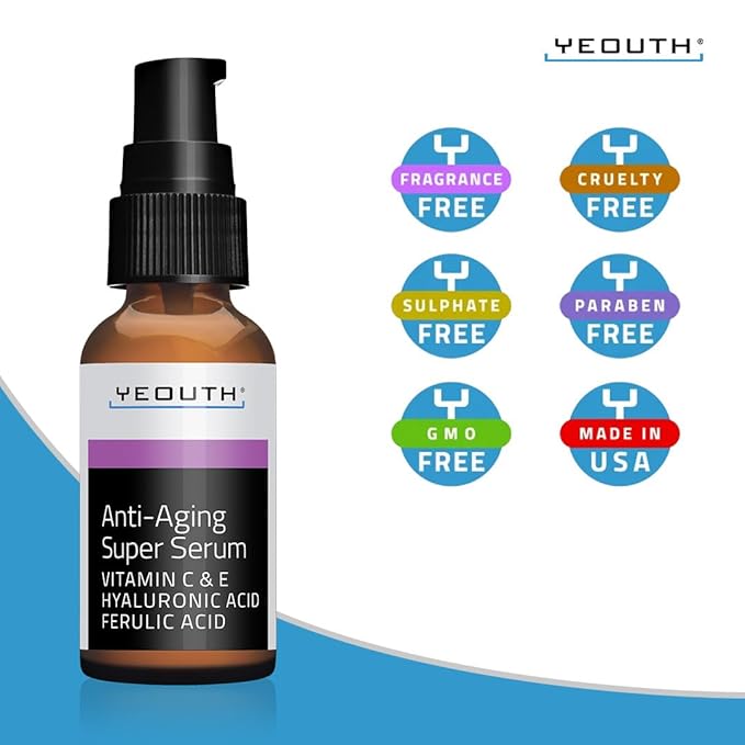 YEOUTH Anti Aging Serum for Face with Hyaluronic Acid, Ferulic Acid, Vitamin C and E, Hydrating Face Serum for Women and Men Targets Dull and Dry Skin 1oz