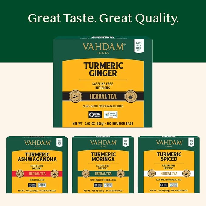 VAHDAM, Organic Turmeric Ginger Herbal Tea Bags (100 Pyramid Tea Bags) Caffeine Free, Non GMO | 100% Pure Herbal Blend - Savory & Spicy, Plant-Based Teabags | Resealable Ziplock Pouch