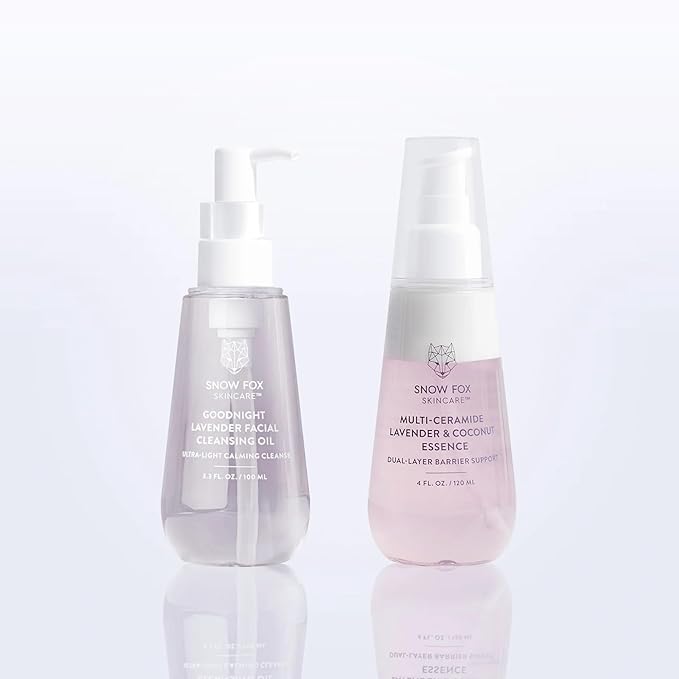 Snow Fox Skincare Goodnight Lavender Facial Cleansing Oil - Multi-Ceramide French Lavender & Coconut Essence Serum Bundle