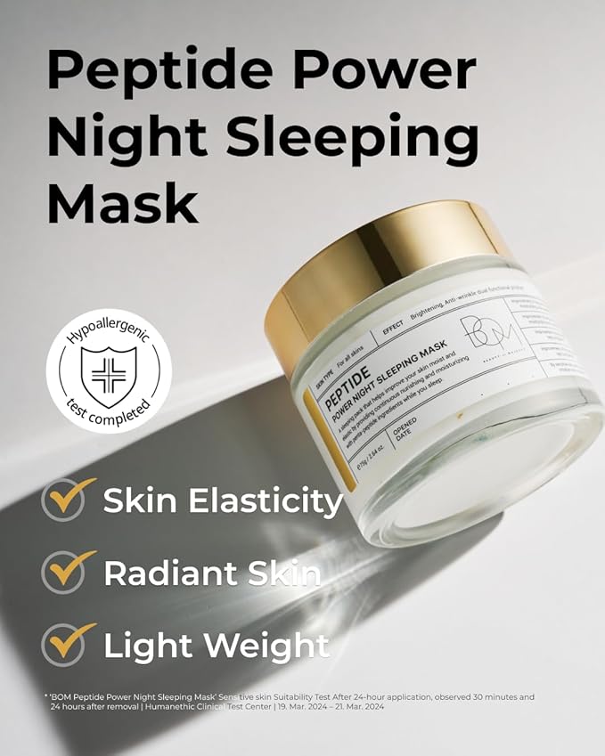 BOM COSMETICS Peptide Power Night Sleeping Mask 2.64 Fl Oz, High-Density Hydrating Overnight Facial Mask with Penta-Peptides and 99% Pure Gold for Skin Elasticity, Smooth Skin Texture, Korean Skincare