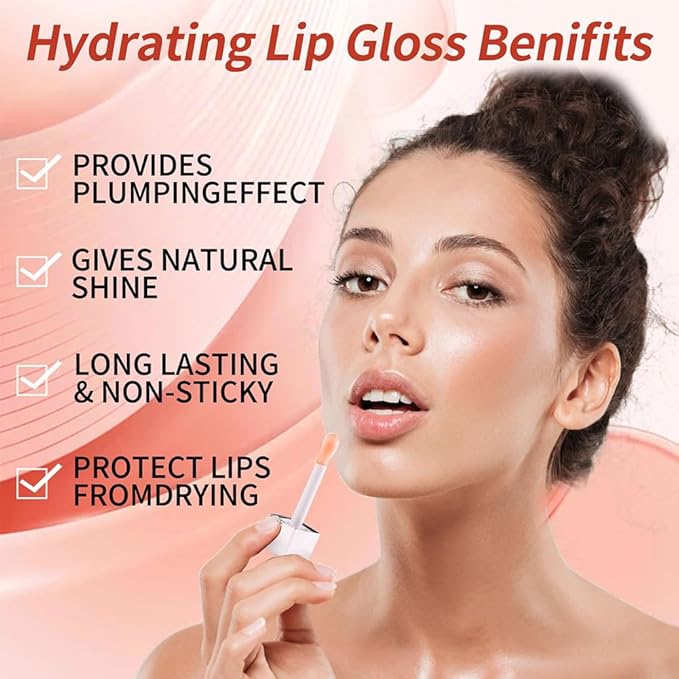 Plumping Lip Oil, Hydrating Gloss Tinted Lip Balm Transparent Lip Care, Big Brush Head Glitter Shine, Long Lasting Nourishing Non-sticky Fresh Texture(PINK)
