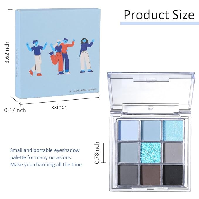 9 Colors Blue Grey Highly Pigmented Colorful Eyeshadow Palette,Matte Shimmer Navy Blue Sky Blue Grey Eye Shadow Makeup Palettes,Long Lasting Waterproof Eye Makeup Palette