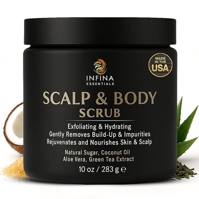 Scalp and Body Scrub – Exfoliating Sugar Cleanser with Coconut Oil, Menthol & Aloe – Dual-Use Polisher for Dry Skin & Flaky Scalp – Soothing, Cooling & Hydrating - INFINA ESSENTIALS | 8.45 fl oz