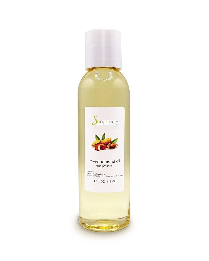 Soapeauty Sweet Almond Oil Cold Pressed Refined | 100% Pure Sweet Almond Oil Available in Bulk | Carrier for Essential Oils, Almond Oil for Skin, Face, and Hair, Soap Making | 4 fl oz