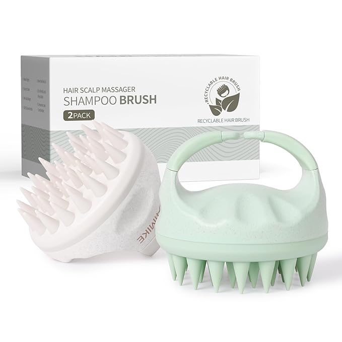 AIMIKE Scalp Massager Shampoo Brush, Soft Silicone Scalp Brush Hair Scrubber, Hair Washing Scalp Exfoliating Brush for Dandruff, Head Scrubber for Wet Dry Hair of Women Men Kids, Beige & Green