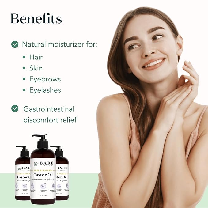 BARE BOTANICS 100% Pure Castor Body Oil 16 oz - Hexane Free & Natural for All Over Moisturization - Multipurpose Carrier Oil for DIY - Hydrate Dry Skin, Hair & Body - Vegan & Cruelty Free Beauty