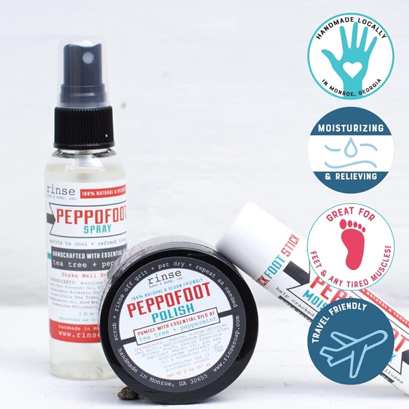 Rinse Bath & Body Peppofoot Home Pedicure Foot Spa Kit - Handmade, Natural Foot Spa Kit | Foot Scrub, Moisturizing Stick and Refreshing Spray | Gluten Free | Non-GMO | Travel Friendly
