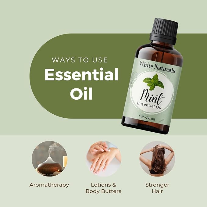 Organic Mint Essential Oil, Refreshes & Energizes The Spirit and Body, 100% Pure Natural Mint Oil for Diffuser, Aromatherapy, Hair Care, Skin Massage, Candle and Soap Making 1 Fl oz