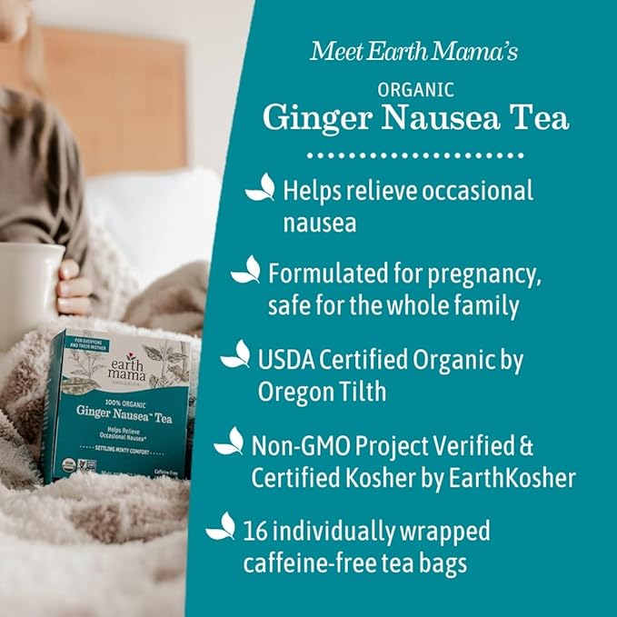 Earth Mama Organic Ginger Nausea™ Tea | Comforts Occasional Nausea + Morning Sickness, 16 Teabags Per Box (6-Pack)