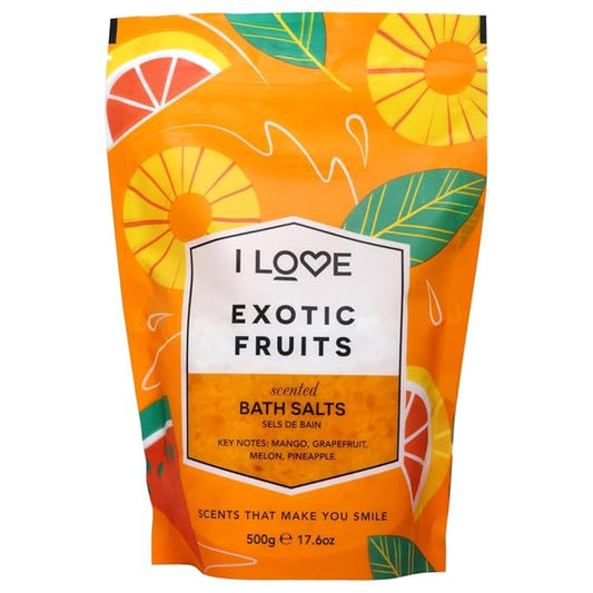 I LOVE Exotic Fruits Scented Bath Salts - Moisturizing Bath Soak for Dry Skin - Skin-Softening Bath Salts - Invigorating Citrus Fragrance - 17.6 oz