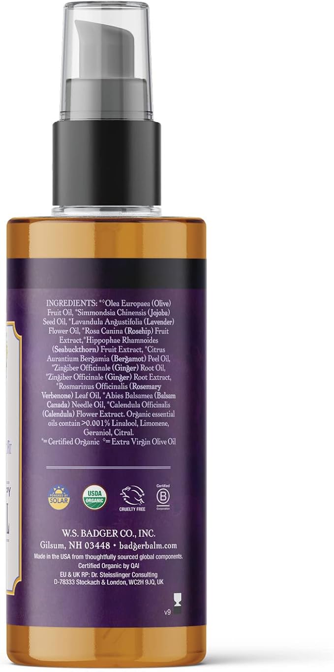 Badger Lavender Massage Oil, 100% Organic Massage Oil, Relaxing & Moisturizing Pure Aromatherapy Oils of Lavender, Bergamot & Balsam Fir, 4 fl oz Glass Bottle
