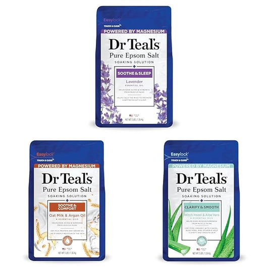 Dr Teal's Epsom Salt Soaking Solution Lavender, Oat Milk & Argan Oil and Witch Hazel & Aloe Vera Variants, 3 lbs each (9 lbs total) (Packaging May Vary)