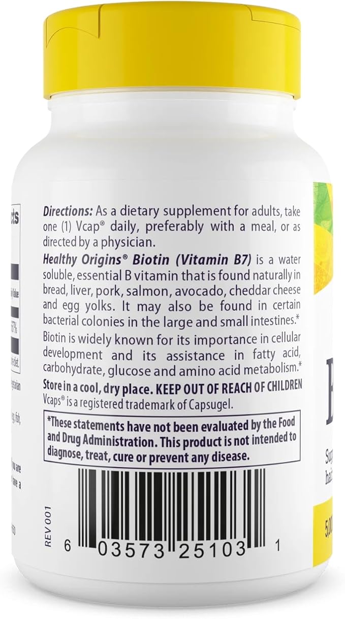 Healthy Origins Biotin 5,000 mcg (USP Grade, Non-GMO, Gluten Free, Hair Support, Nail Support), 150 Veggie Caps