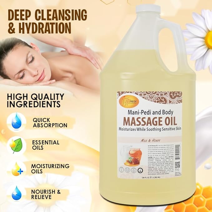SPA REDI - Massage Oil, Milk and Honey, 128 Oz - Professional Pedicure, Manicure, Full Body Massage Therapy - Made With Almond, Cotton Seed, Sunflower, Avocado, Essential Oils, Vitamin E