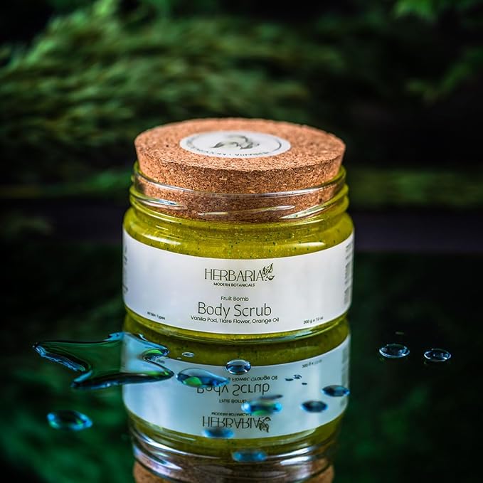 HERBARIA Body Scrub - FRUIT BOMB (7 oz) | Exfoliating Sugar Scrub with Panifolia Fruit, Shea Butter, Avocado Oil, Safflower Seed Oil, Almond Oil | 100% Sustainable - 100% Vegan, Cruelty Free