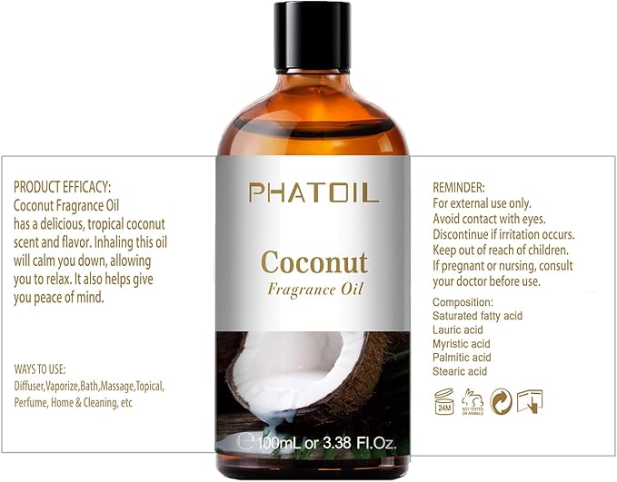 3.38FL.OZ Coconut Fragrance Oils for Aromatherapy, Essential Oils for Diffusers for Home, Perfect for Diffuser, Yoga, Skin Care, DIY Candle and Soap Making - 100ml